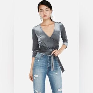 EXPRESS Grey Velour Ribbed V-Neck 3/4 Sleeve Faux Wrap Tie Front Top